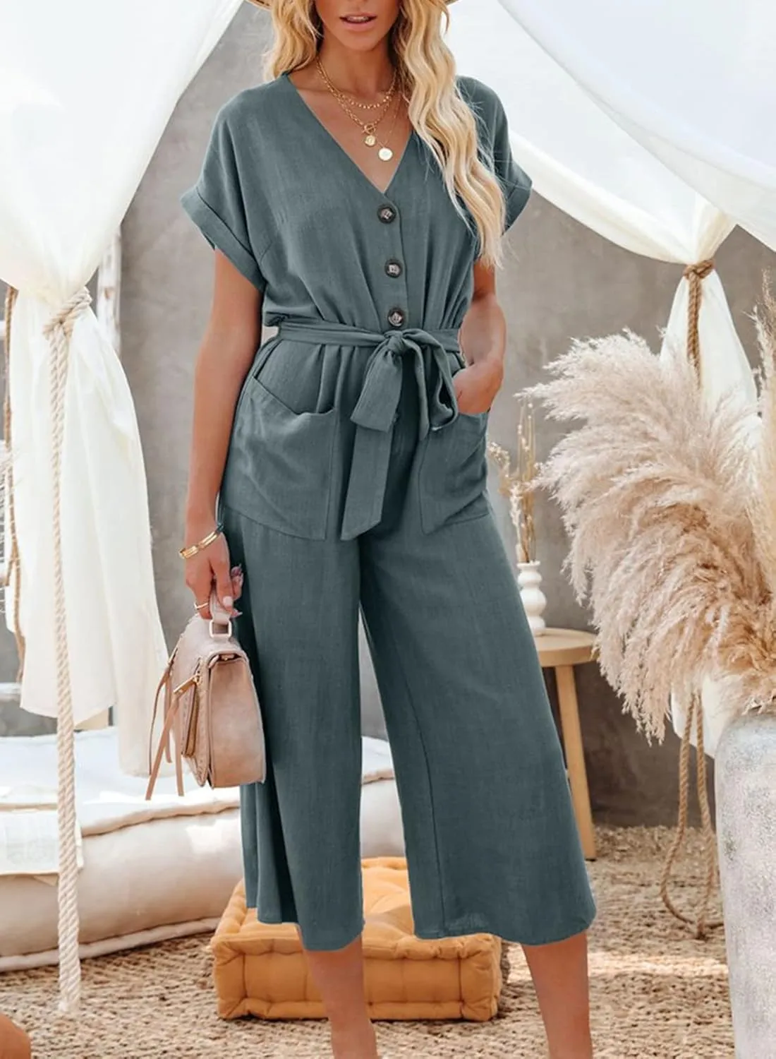 Acelitt Women Casual V Neck Short Sleeve Button Belted Wide Leg Jumpsuits,S-XXL