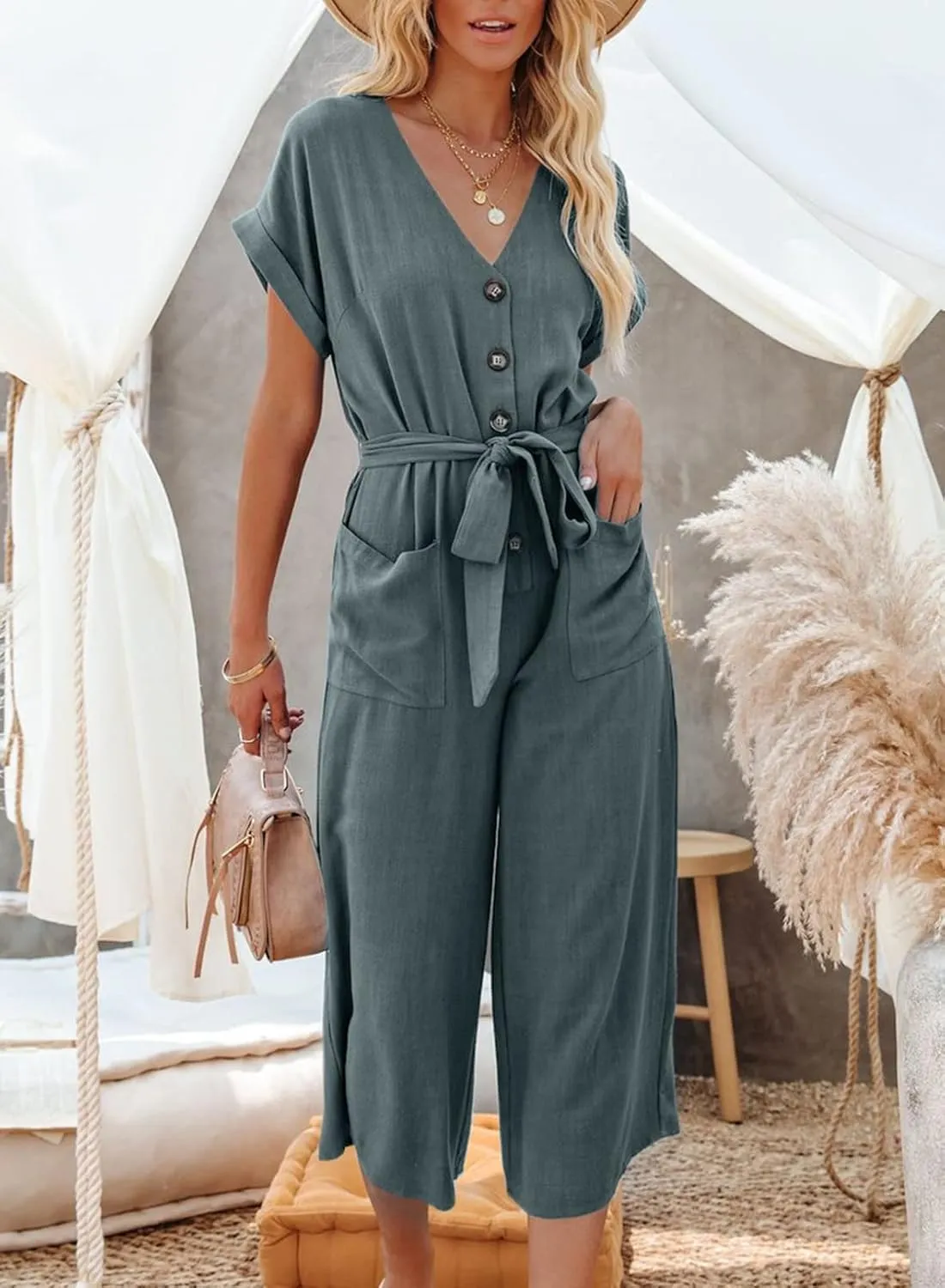 Acelitt Women Casual V Neck Short Sleeve Button Belted Wide Leg Jumpsuits,S-XXL
