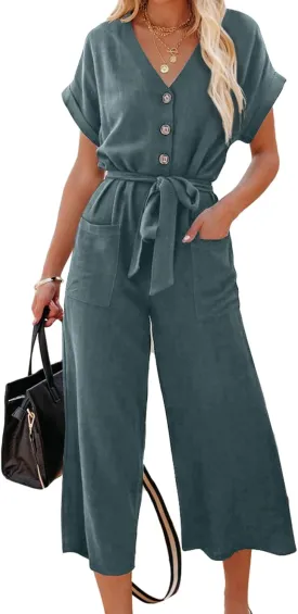 Acelitt Women Casual V Neck Short Sleeve Button Belted Wide Leg Jumpsuits,S-XXL