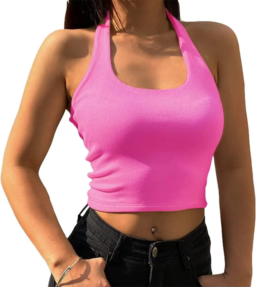 Artfish Women's Sexy Scoop Neck Halter Crop Top Backless Knit Rib Basic Cami Tank Tops