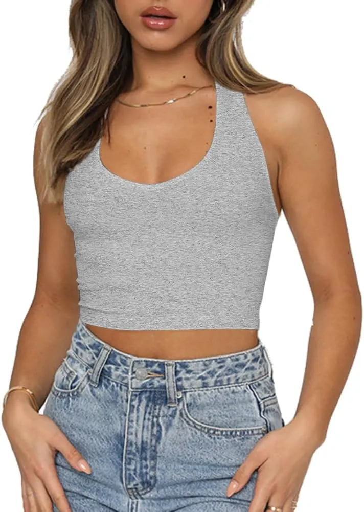 Artfish Women's Sexy Scoop Neck Halter Crop Top Backless Knit Rib Basic Cami Tank Tops