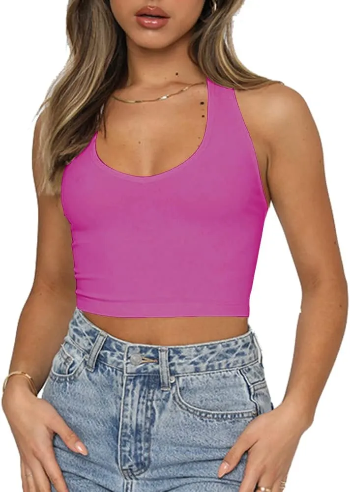 Artfish Women's Sexy Scoop Neck Halter Crop Top Backless Knit Rib Basic Cami Tank Tops