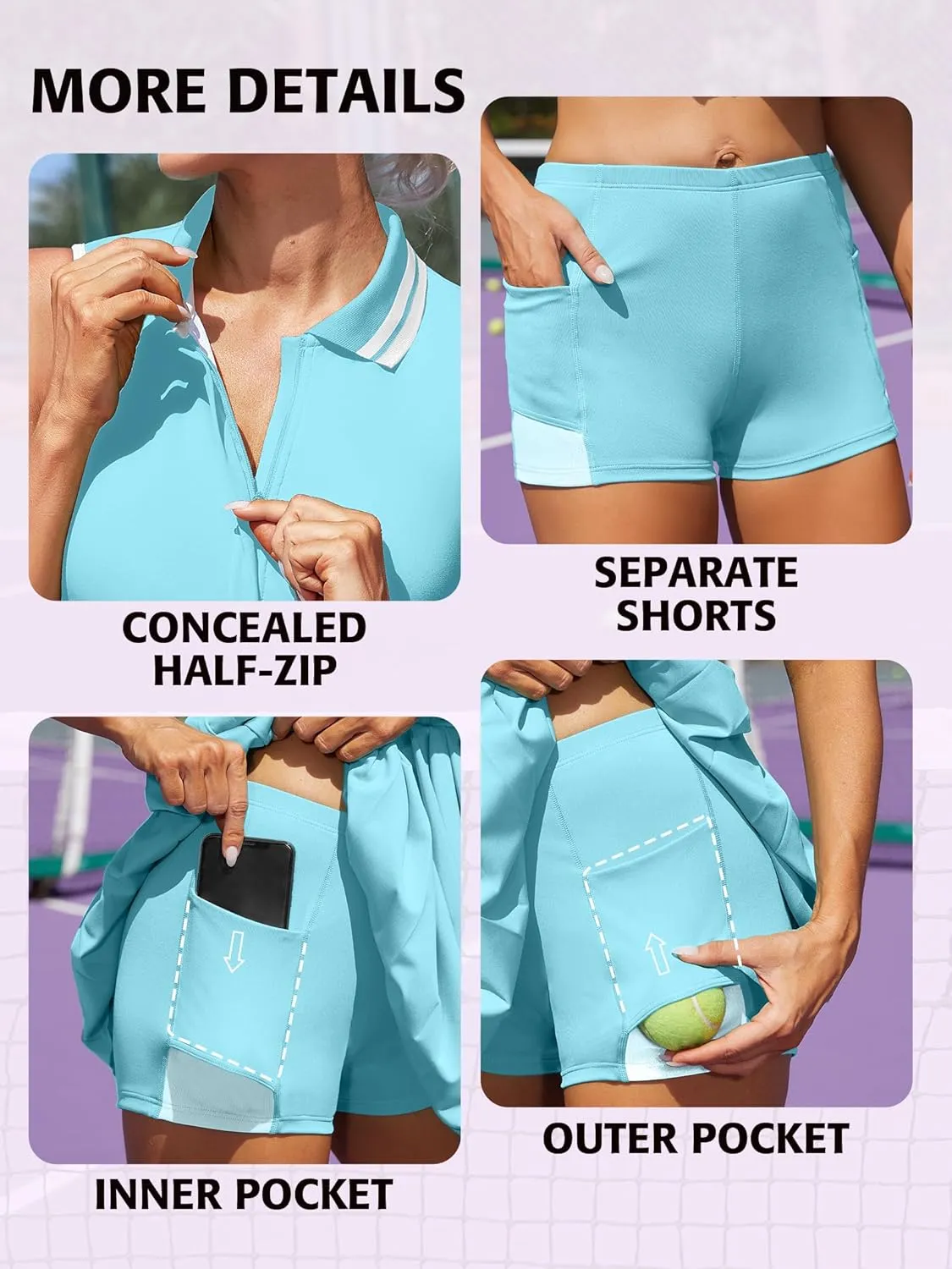 ATTRACO Women Tennis Dresses Ribbed Polo Golf Dress Half Zip Pleated Workout Dress with Built in Shorts and Bra