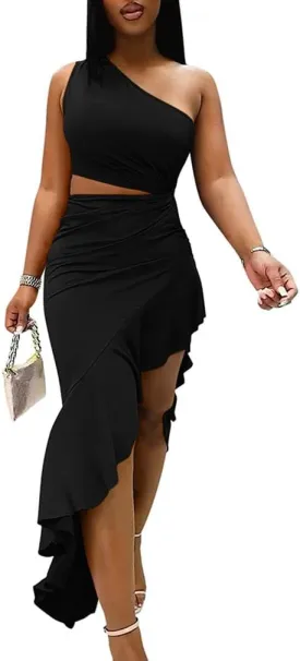 BEAGIMEG Women's Sexy Bodycon One Shoulder Ruffle Assymetrical Cut Out Club Party Cocktail Maxi Dress
