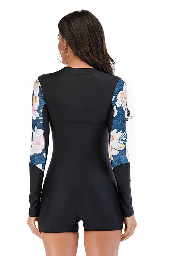 Black Floral Panel Boyleg Zip Long Sleeve UPF50  Rash Guard