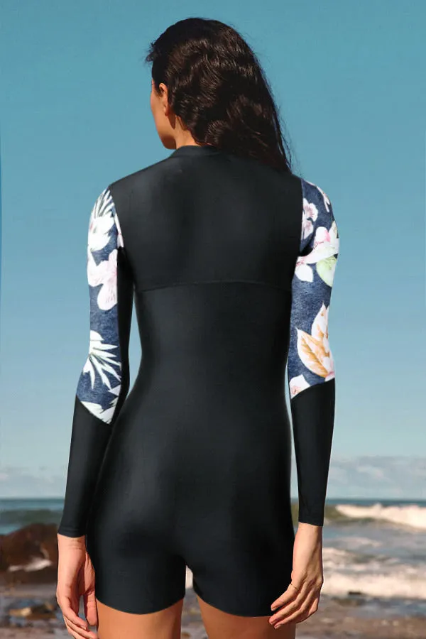 Black Floral Panel Boyleg Zip Long Sleeve UPF50  Rash Guard