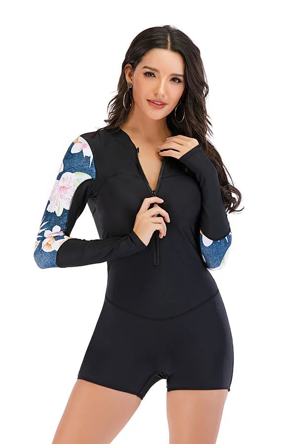 Black Floral Panel Boyleg Zip Long Sleeve UPF50  Rash Guard