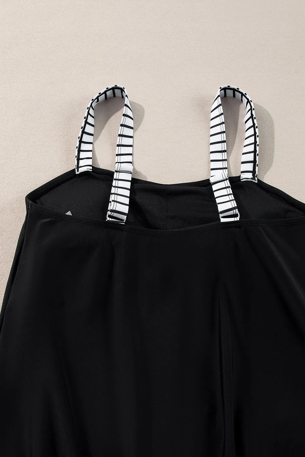Black Striped Patchwork Side Drawstring Bottoms Tankini Set