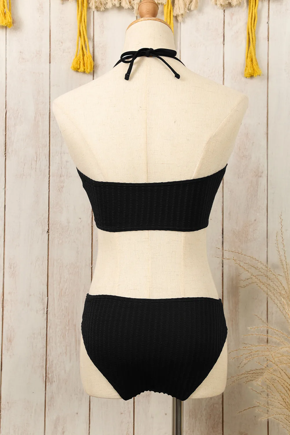 Black Textured Rhinestone Halter Bikini with Ring Details