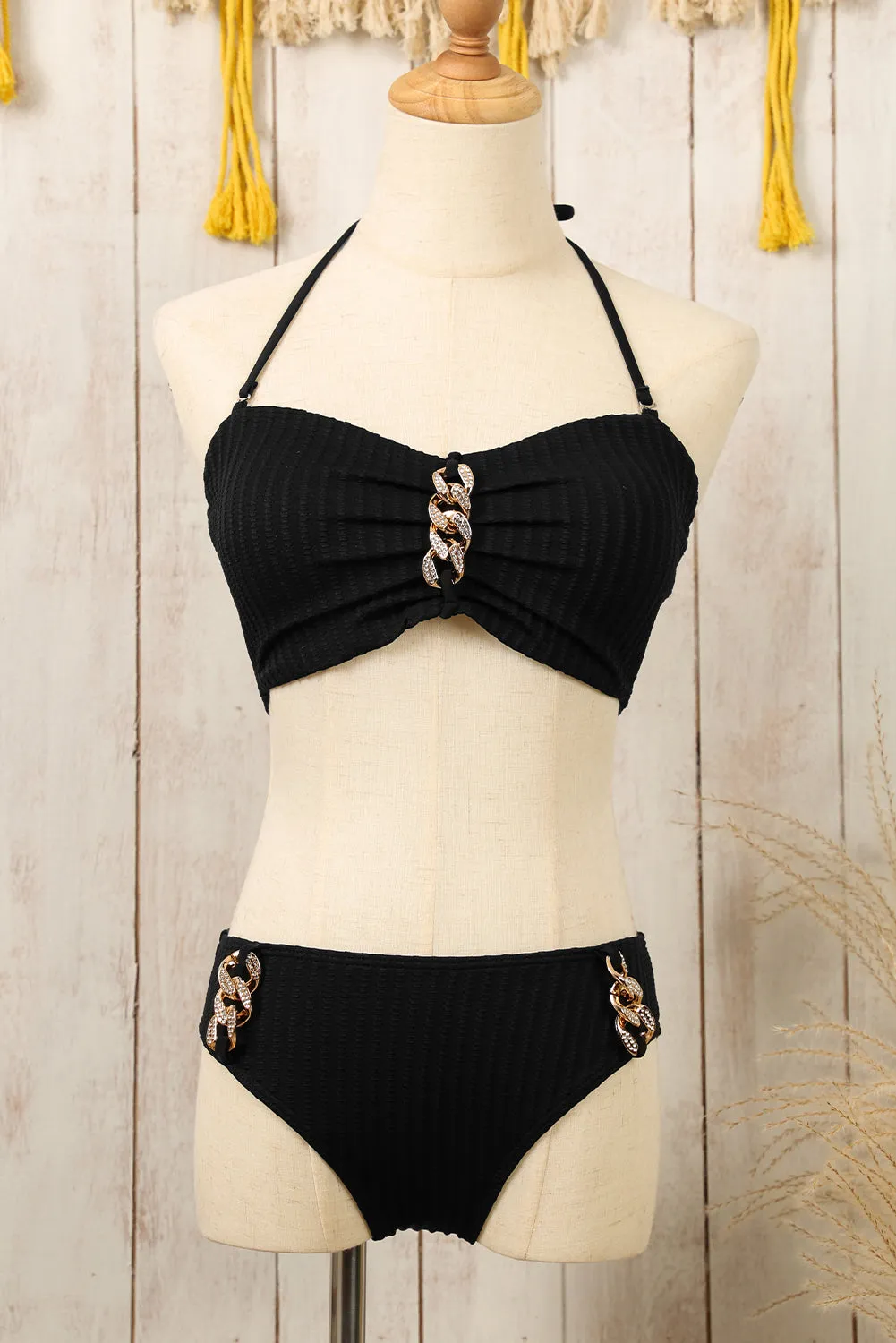 Black Textured Rhinestone Halter Bikini with Ring Details