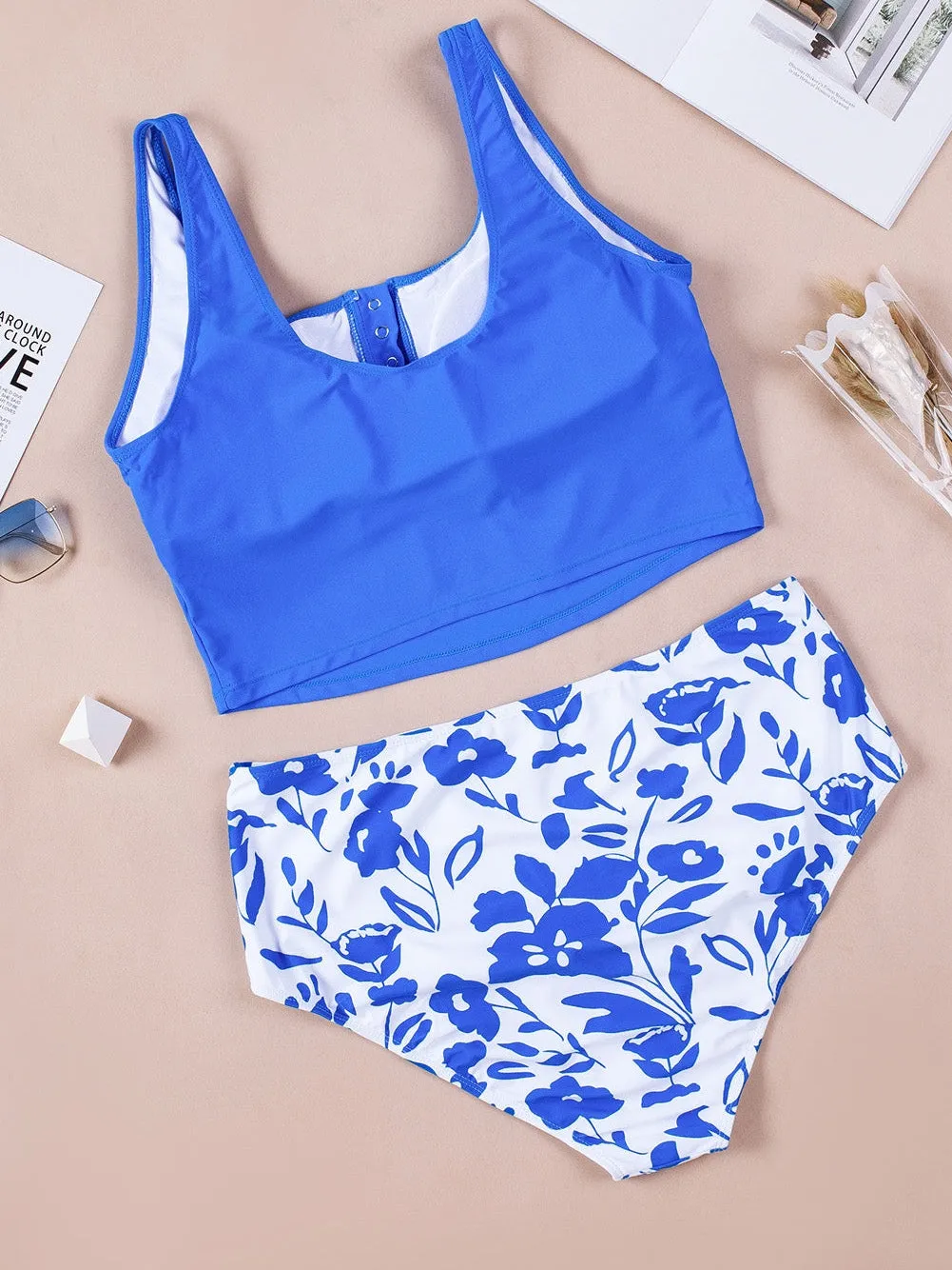 Blue Square Neck Sleeveless Leopard Print Tankini Set