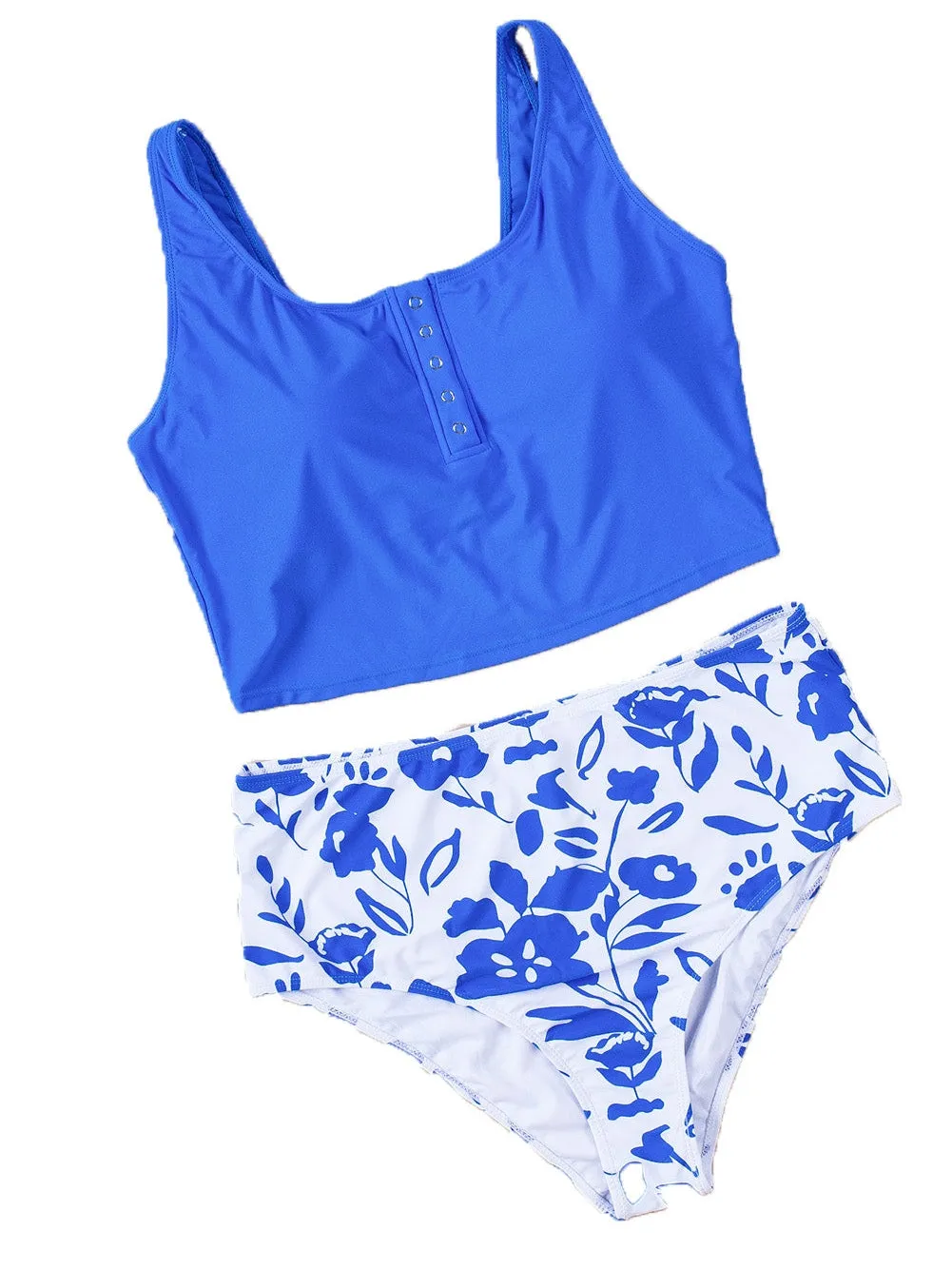Blue Square Neck Sleeveless Leopard Print Tankini Set