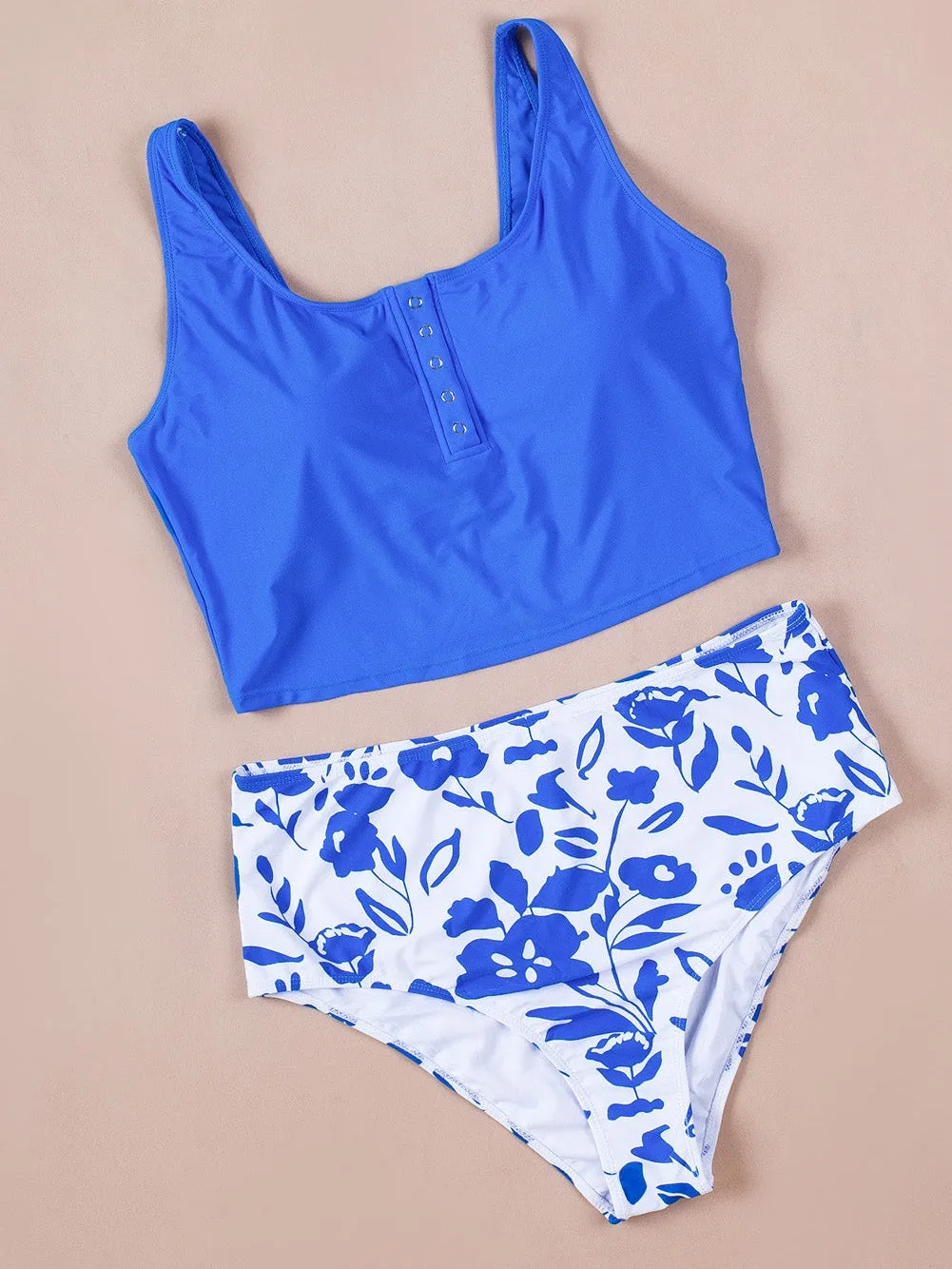 Blue Square Neck Sleeveless Leopard Print Tankini Set