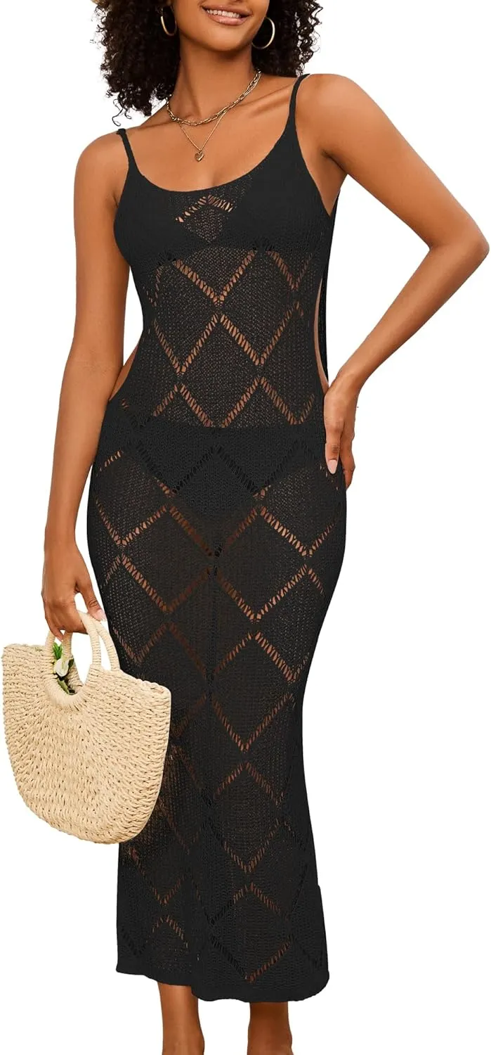 Bsubseach Swimsuit Crochet Beach Coverup - Women Hollow Out Knit Swim Cover Up Dress Spaghetti Strap Backless Dresses