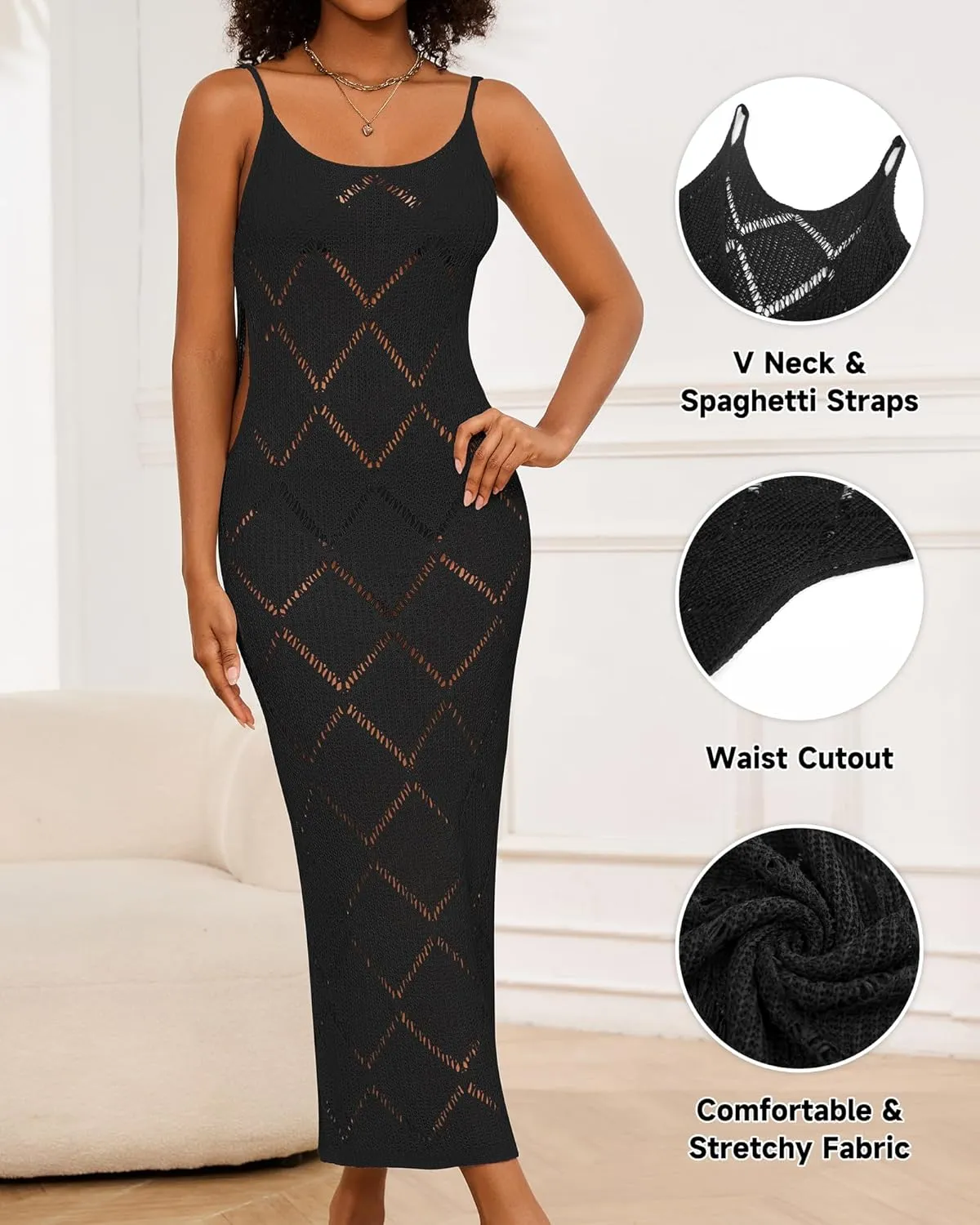 Bsubseach Swimsuit Crochet Beach Coverup - Women Hollow Out Knit Swim Cover Up Dress Spaghetti Strap Backless Dresses