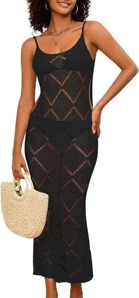 Bsubseach Swimsuit Crochet Beach Coverup - Women Hollow Out Knit Swim Cover Up Dress Spaghetti Strap Backless Dresses