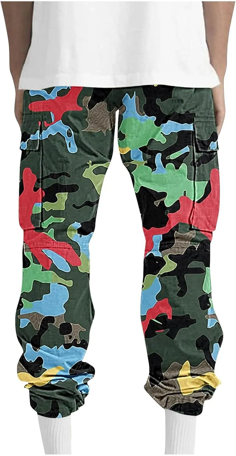 Camo Pants for Mens Outdoor Training Sport Loose Breathable Cargo Trousers Elastic Waist Drawstring Straight Leg Pant