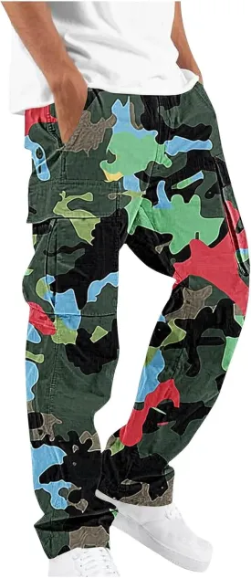 Camo Pants for Mens Outdoor Training Sport Loose Breathable Cargo Trousers Elastic Waist Drawstring Straight Leg Pant
