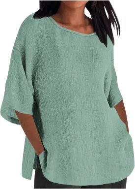 Ceboyel Women's Cotton Linen Tunic Shirts Dandelion Print Summer Tops 3/4 Sleeve Blouse Tshirts Bohemian Style Clothes 2023