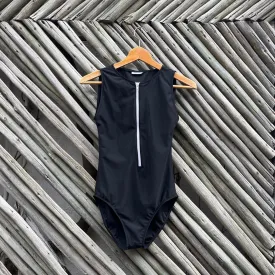 Classic Black Sleeveless Front White Zip Swimsuit