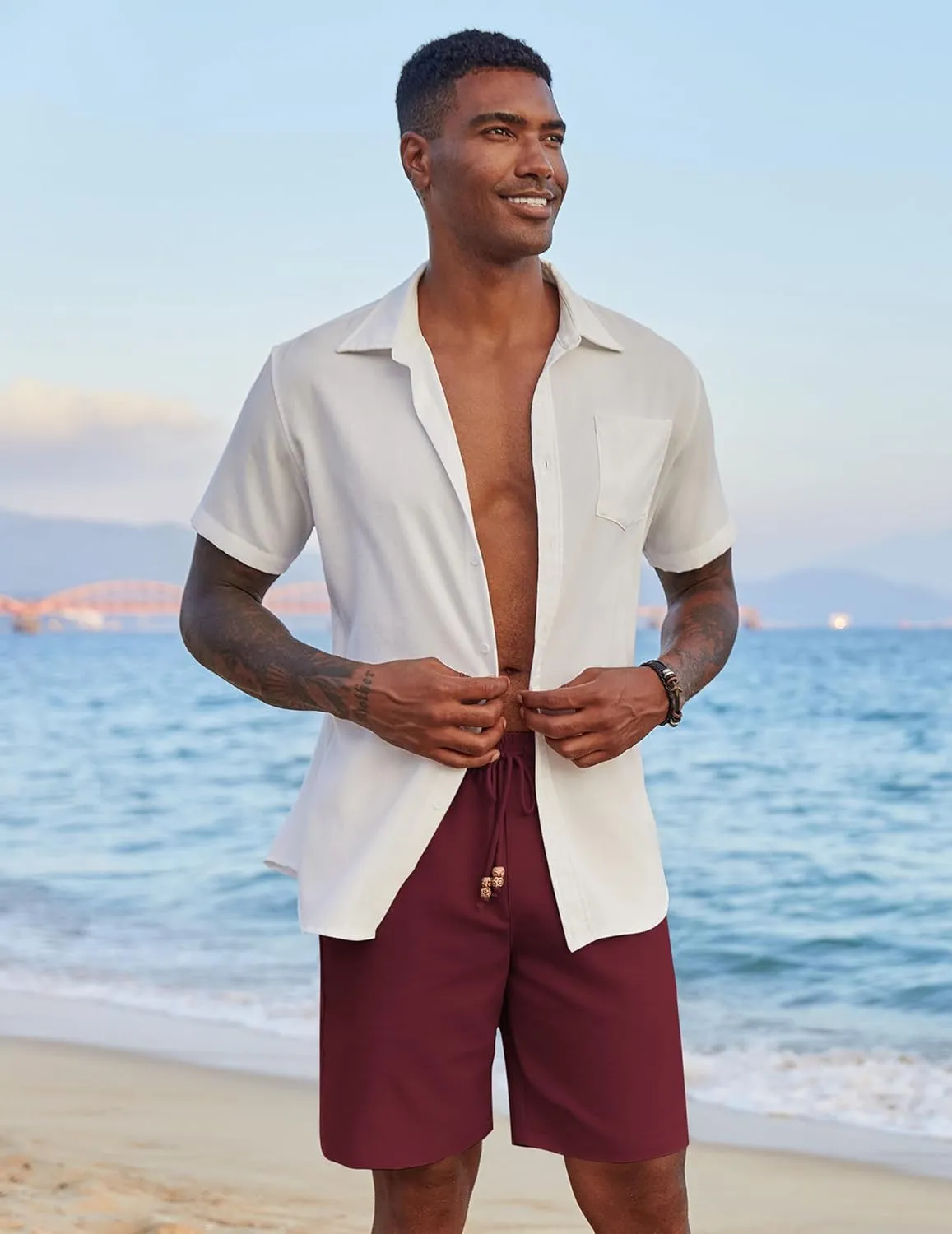 COOFANDY Mens Casual Linen Shorts Elastic Waist Drawstring Loose Fit Summer Beach Vacation Shorts with Pockets