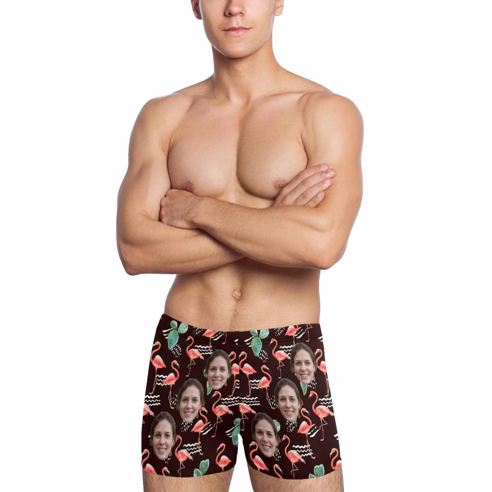 Custom Face Flamingo Men's Athletic Swim Jammers Quick Dry Waterproof Compression Square Leg Swim Briefs Swimsuit