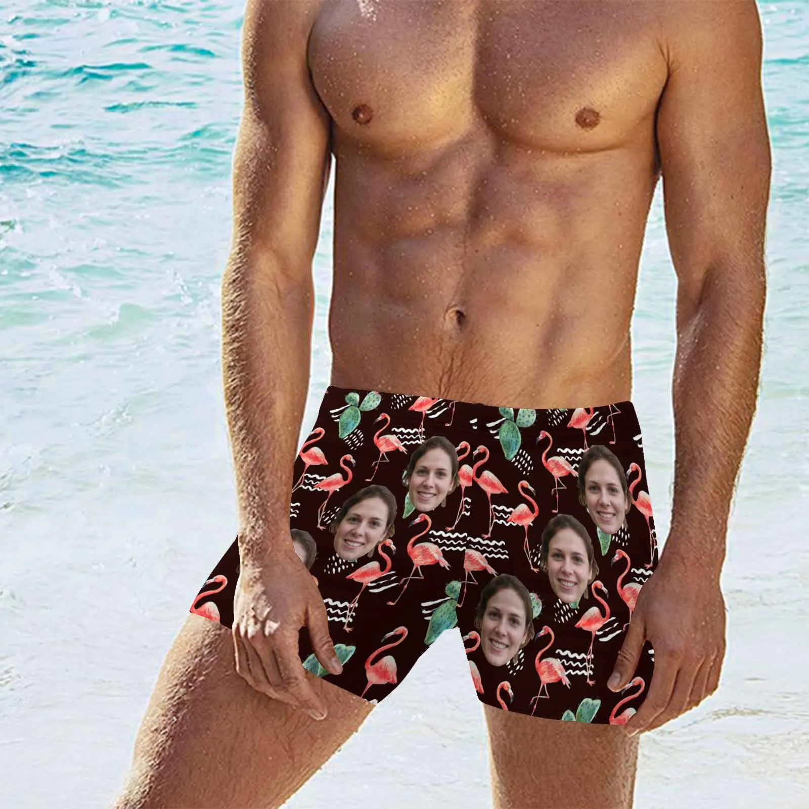 Custom Face Flamingo Men's Athletic Swim Jammers Quick Dry Waterproof Compression Square Leg Swim Briefs Swimsuit