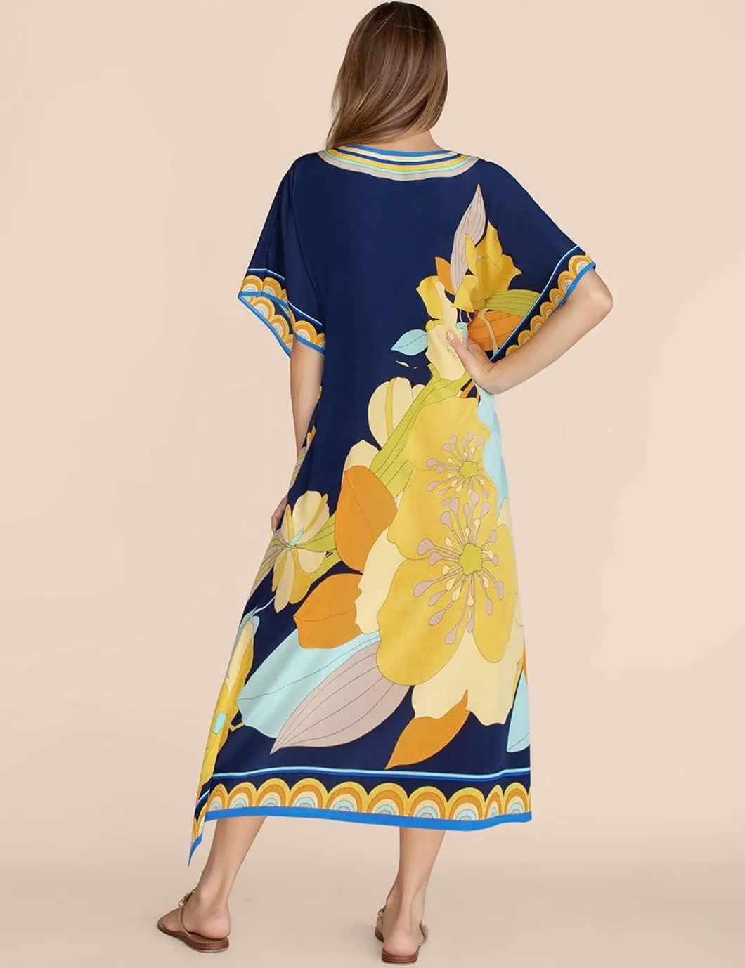 Eddoyee Women Long Print Swimwear Cover Up Sexy V Neck Side Split Beach Caftans Lounge Dresses