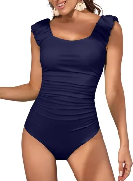 Eomenie Womens One Piece Swimsuits Puffy Sleeves Tummy Control Bathing Suit Tie Back Swimwear