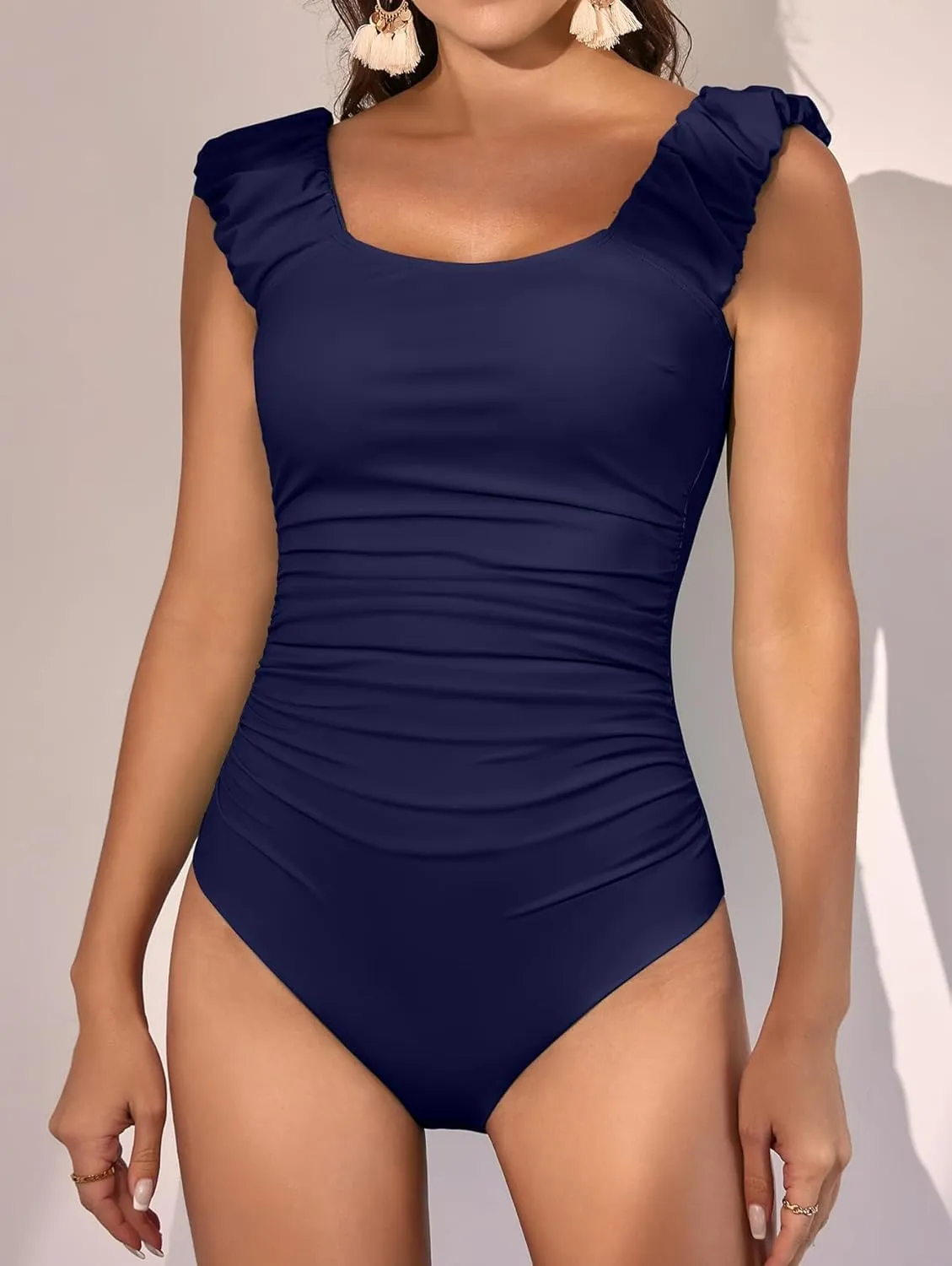 Eomenie Womens One Piece Swimsuits Puffy Sleeves Tummy Control Bathing Suit Tie Back Swimwear