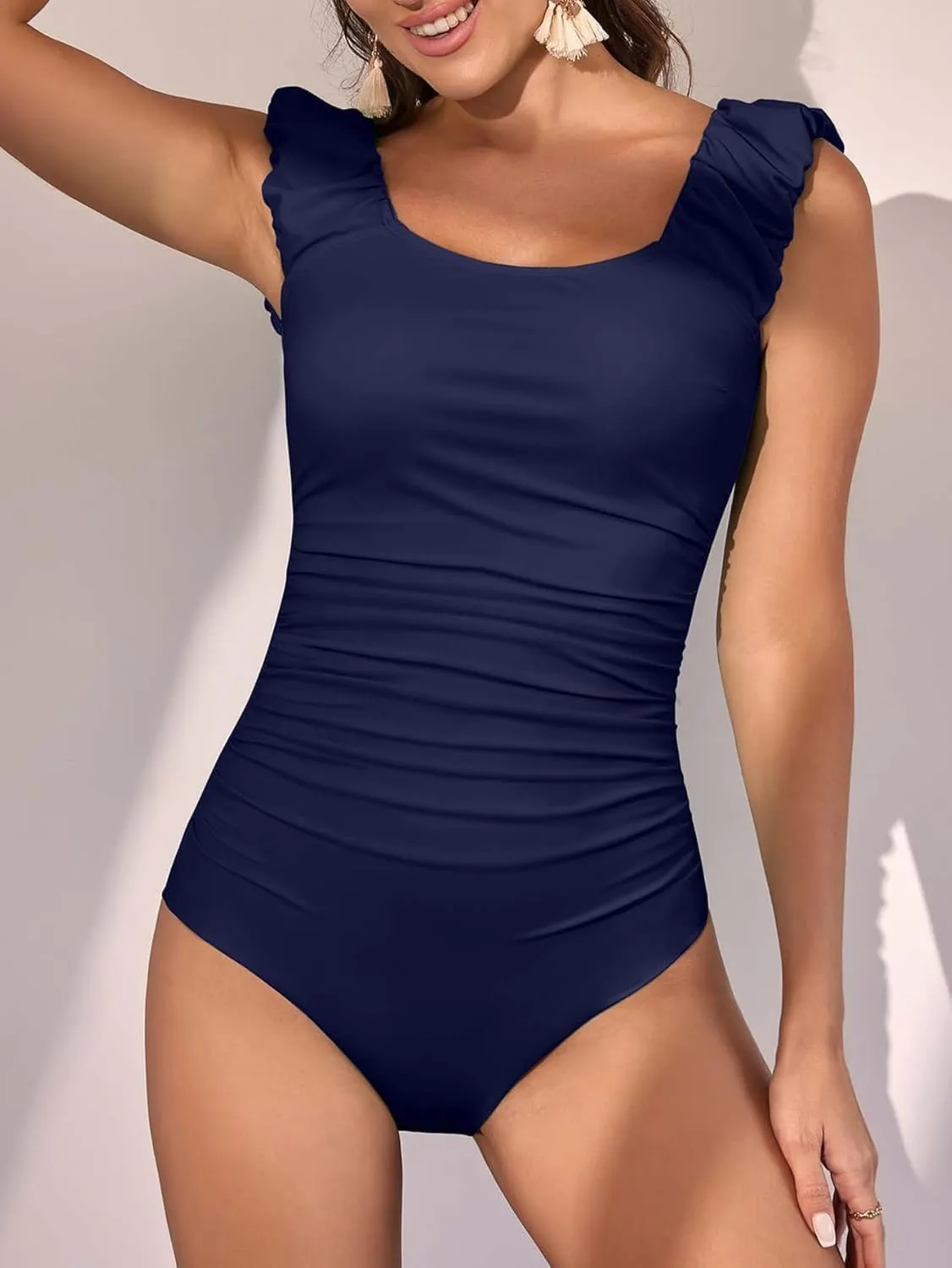 Eomenie Womens One Piece Swimsuits Puffy Sleeves Tummy Control Bathing Suit Tie Back Swimwear