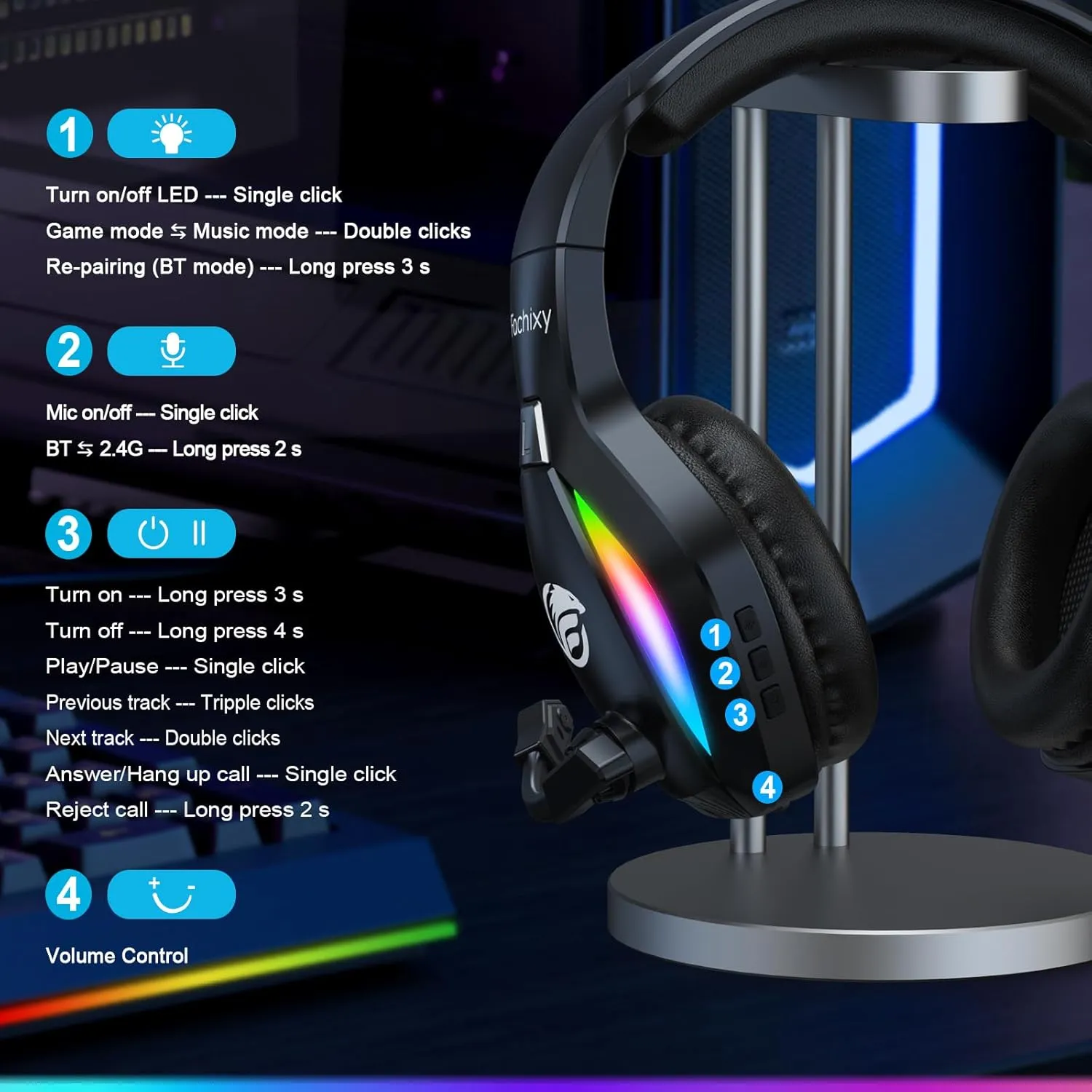 FC100 Wireless Gaming Headset with Microphone for PS5, PS4- Gamer Headset with Mic - Bluetooth Headphones with 50Hrs Battery Life - for PC, Mac, Tablets, Switch and Smartphones