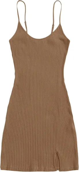 Floerns Women's Casual Solid Sleeveless Cami Split Hem Ribbed Knit Bodycon Mini Dress