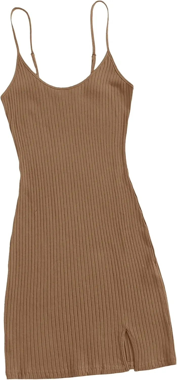 Floerns Women's Casual Solid Sleeveless Cami Split Hem Ribbed Knit Bodycon Mini Dress