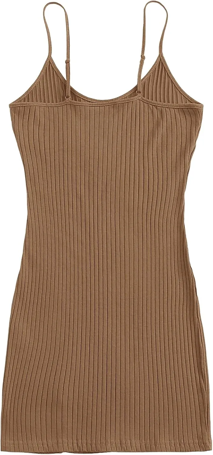 Floerns Women's Casual Solid Sleeveless Cami Split Hem Ribbed Knit Bodycon Mini Dress