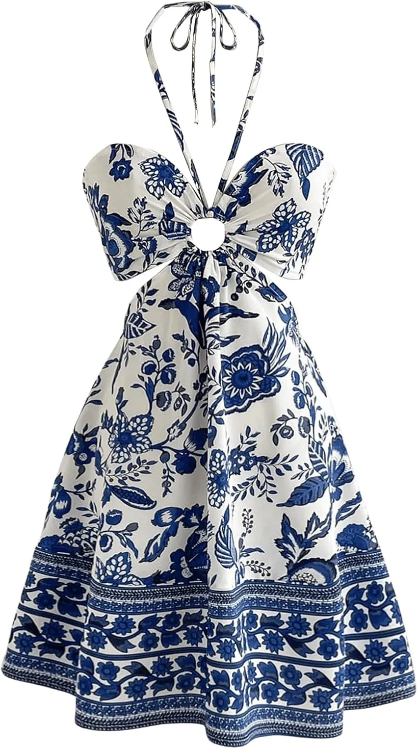 Floerns Women's Floral Halter Neck Vacation Dress Sleeveless Cut Out Boho Cami Dress