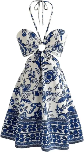 Floerns Women's Floral Halter Neck Vacation Dress Sleeveless Cut Out Boho Cami Dress