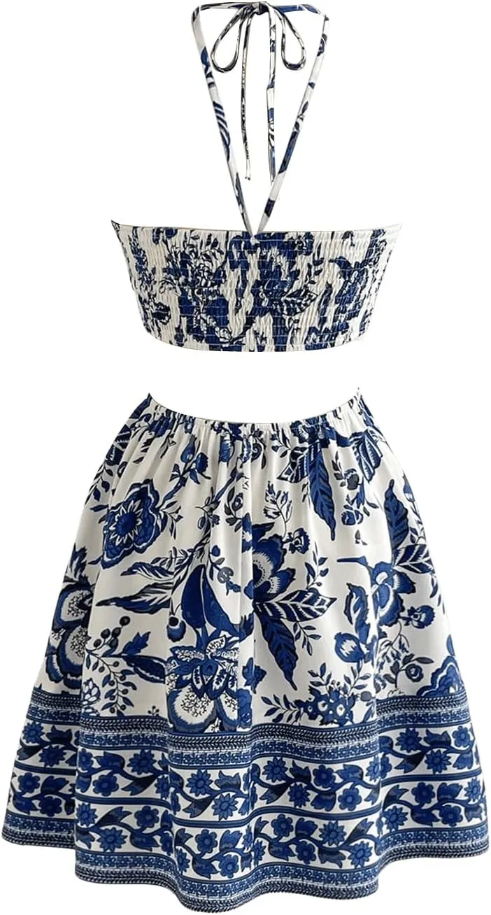 Floerns Women's Floral Halter Neck Vacation Dress Sleeveless Cut Out Boho Cami Dress