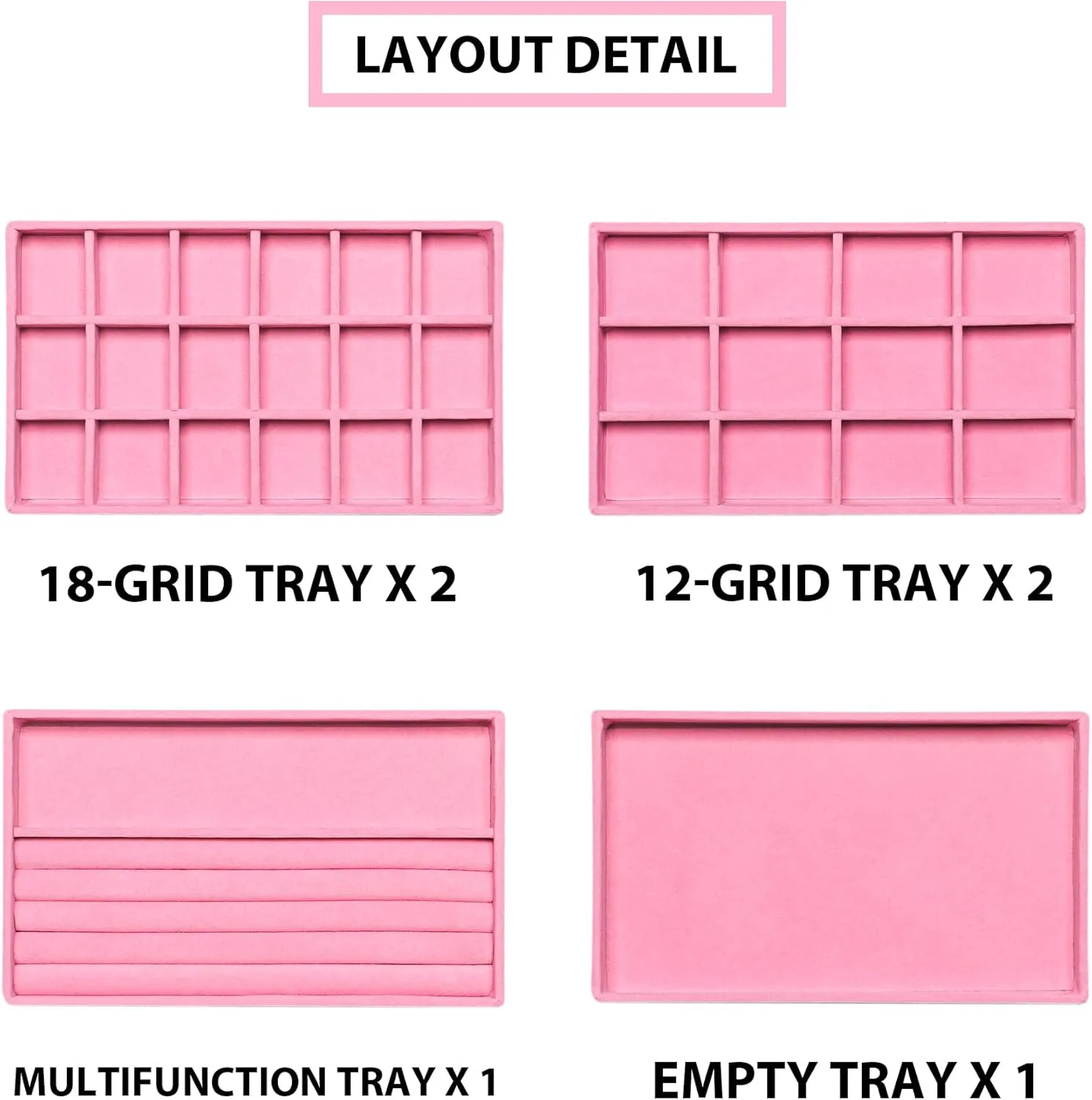 Frebeauty Jewelry Organizer Tray,Stackable Velvet Jewelry Trays,Drawer Inserts Earring Organizer For Women Jewelry Storage Display Case for Rings Stud Necklaces,Set of 6(Pink)