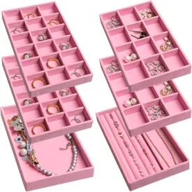 Frebeauty Jewelry Organizer Tray,Stackable Velvet Jewelry Trays,Drawer Inserts Earring Organizer For Women Jewelry Storage Display Case for Rings Stud Necklaces,Set of 6(Pink)