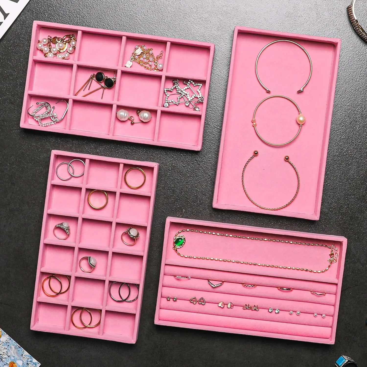 Frebeauty Jewelry Organizer Tray,Stackable Velvet Jewelry Trays,Drawer Inserts Earring Organizer For Women Jewelry Storage Display Case for Rings Stud Necklaces,Set of 6(Pink)