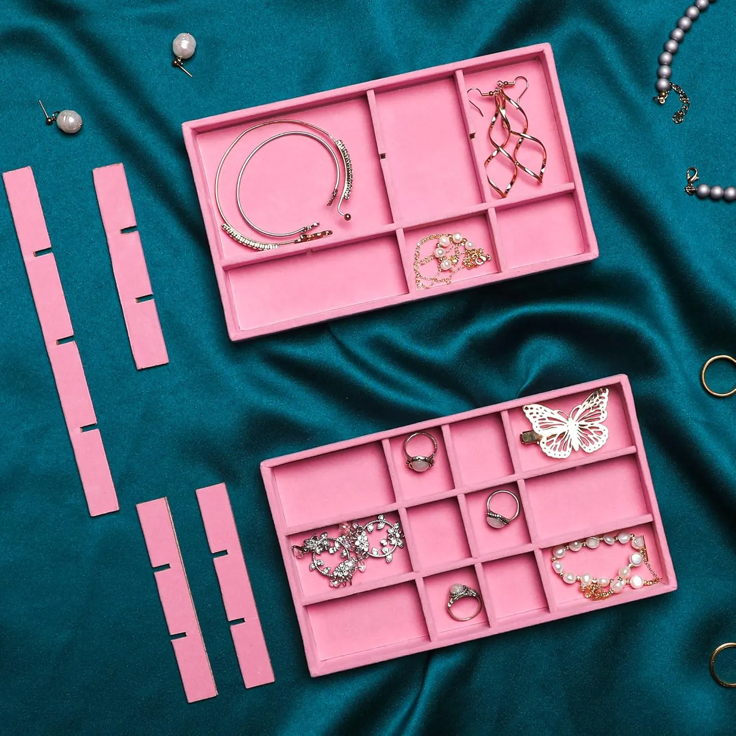Frebeauty Jewelry Organizer Tray,Stackable Velvet Jewelry Trays,Drawer Inserts Earring Organizer For Women Jewelry Storage Display Case for Rings Stud Necklaces,Set of 6(Pink)