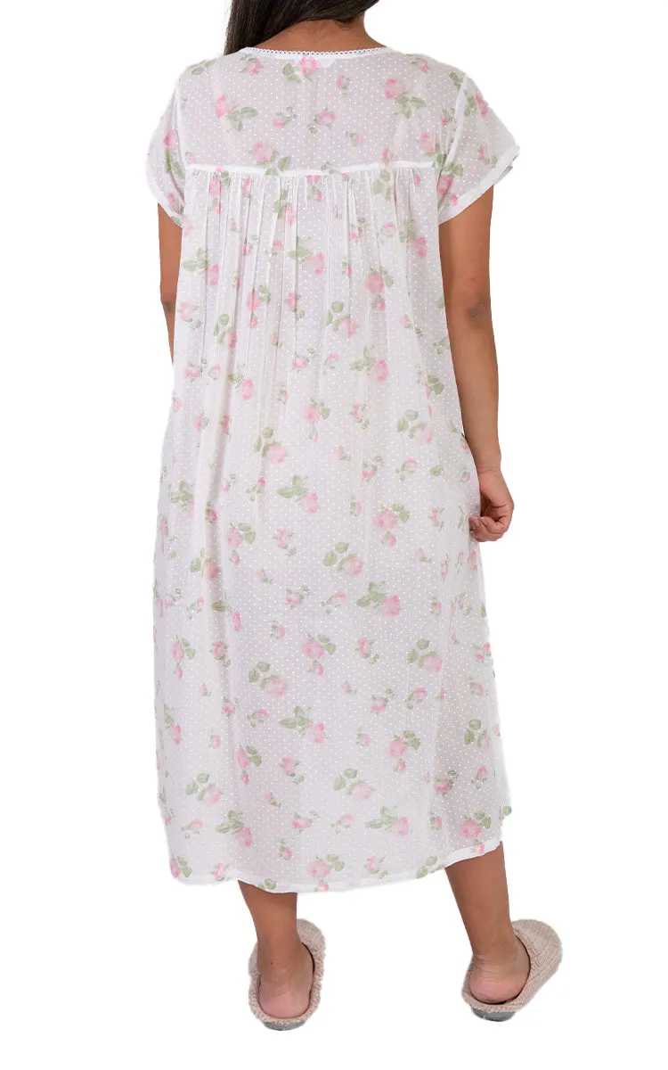 French Country 100% Cotton Brunchcoat with Cap Sleeve in White and Pink Floral FCW133 SALE