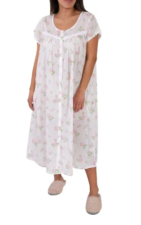 French Country 100% Cotton Brunchcoat with Cap Sleeve in White and Pink Floral FCW133 SALE