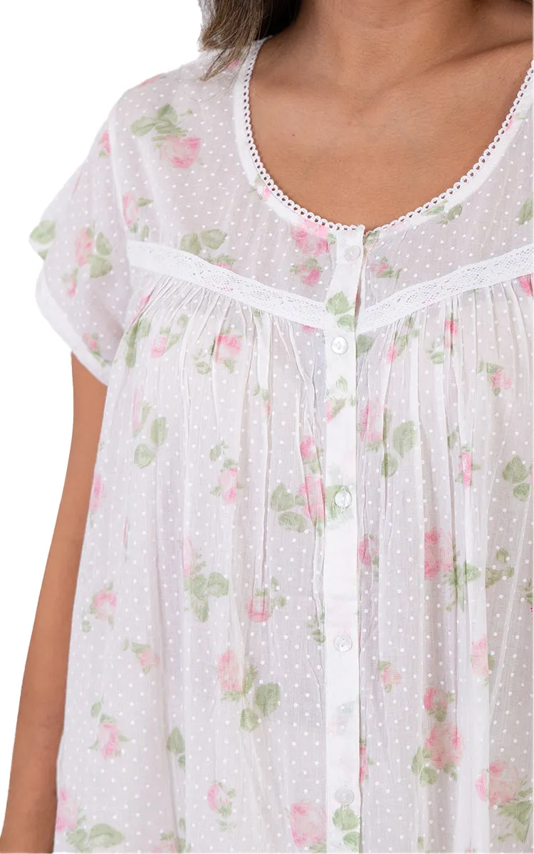 French Country 100% Cotton Brunchcoat with Cap Sleeve in White and Pink Floral FCW133 SALE