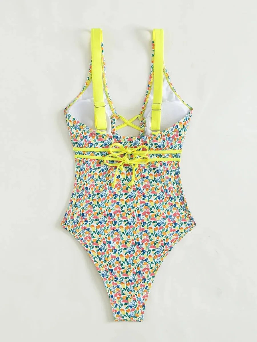 Fruit & Vegetable Print Cut Out One Piece Swimsuit