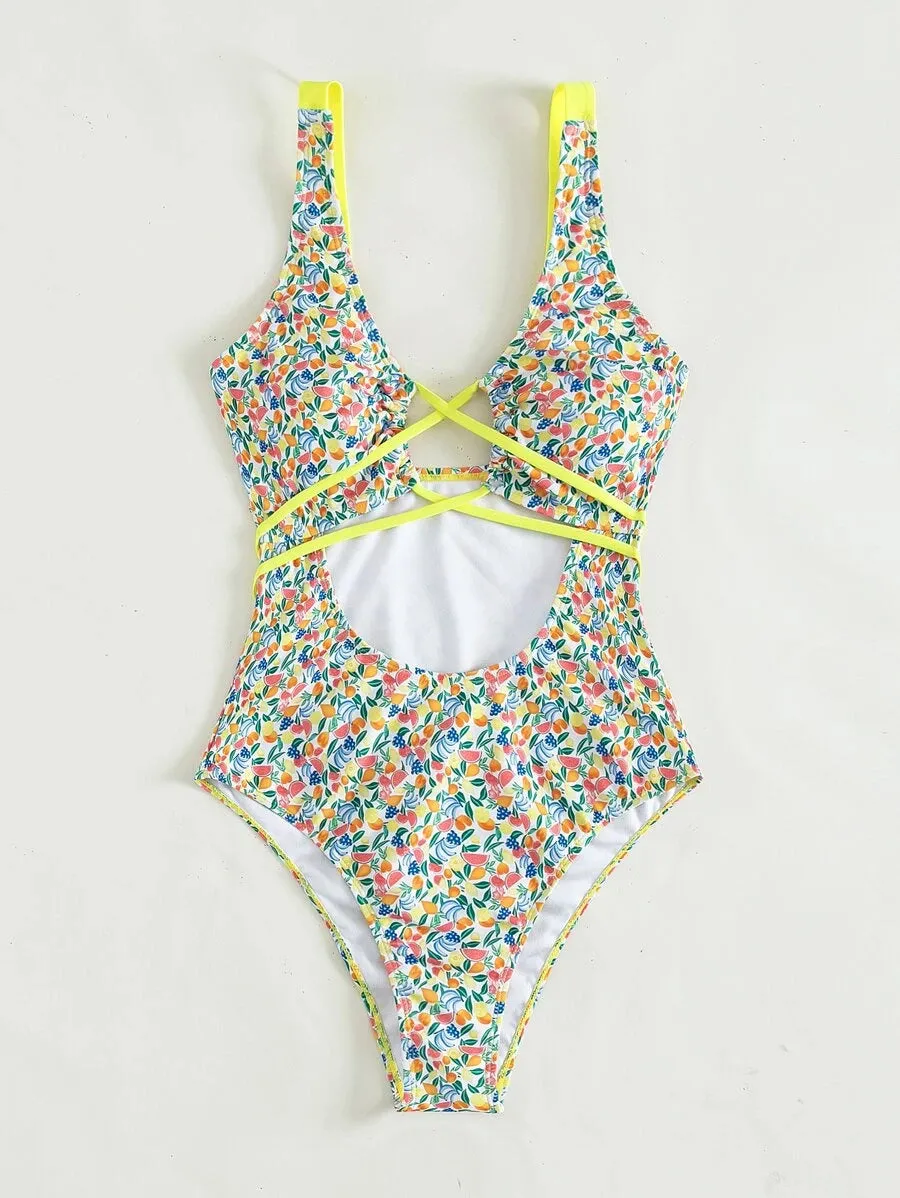 Fruit & Vegetable Print Cut Out One Piece Swimsuit