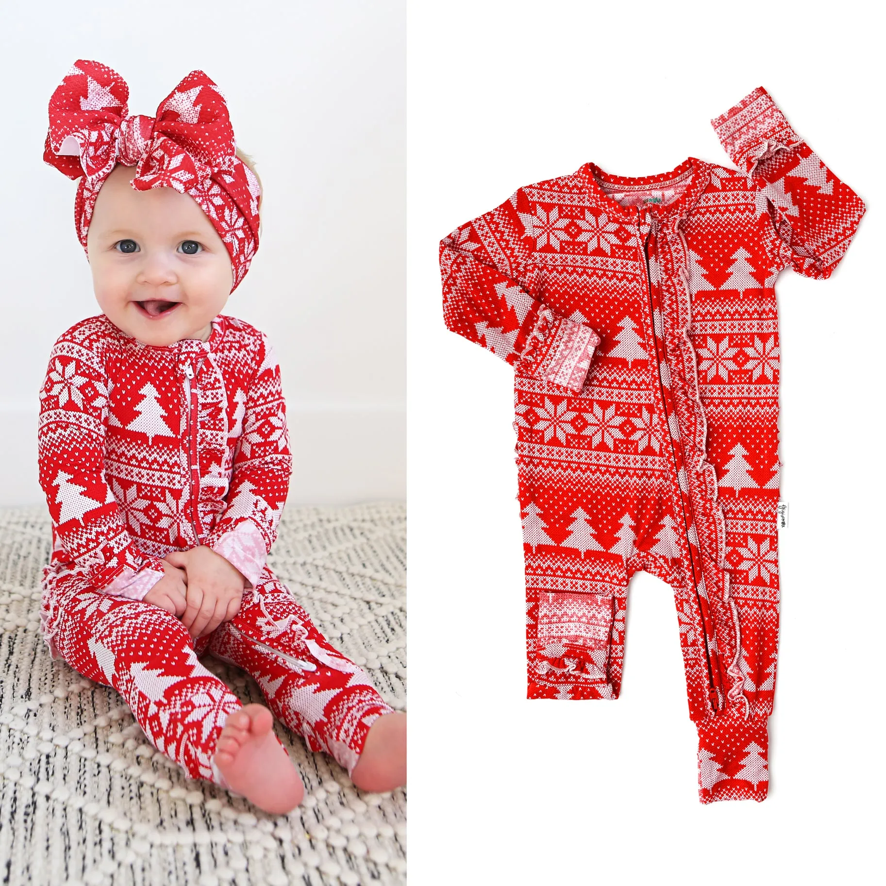 Gigi and Max Clark Christmas Sweater Ruffle Zip One Piece