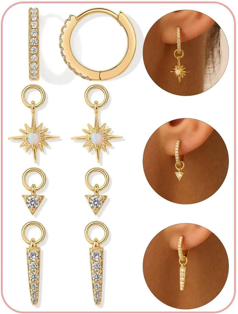 Gold Huggie Earrings and Charm Set for Women 14K Gold Plated Hoop Earrings Post Hypoallergenic Dainty Small CZ Diamond Hoop Earrings Jewelry for Gift
