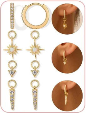 Gold Huggie Earrings and Charm Set for Women 14K Gold Plated Hoop Earrings Post Hypoallergenic Dainty Small CZ Diamond Hoop Earrings Jewelry for Gift